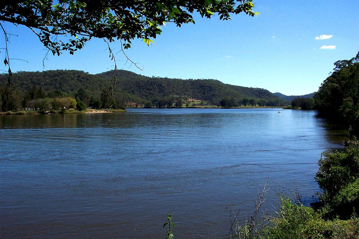 The Hawkesbury River at Wisemans Ferry, New South Wales, with ferry cables visible on the right