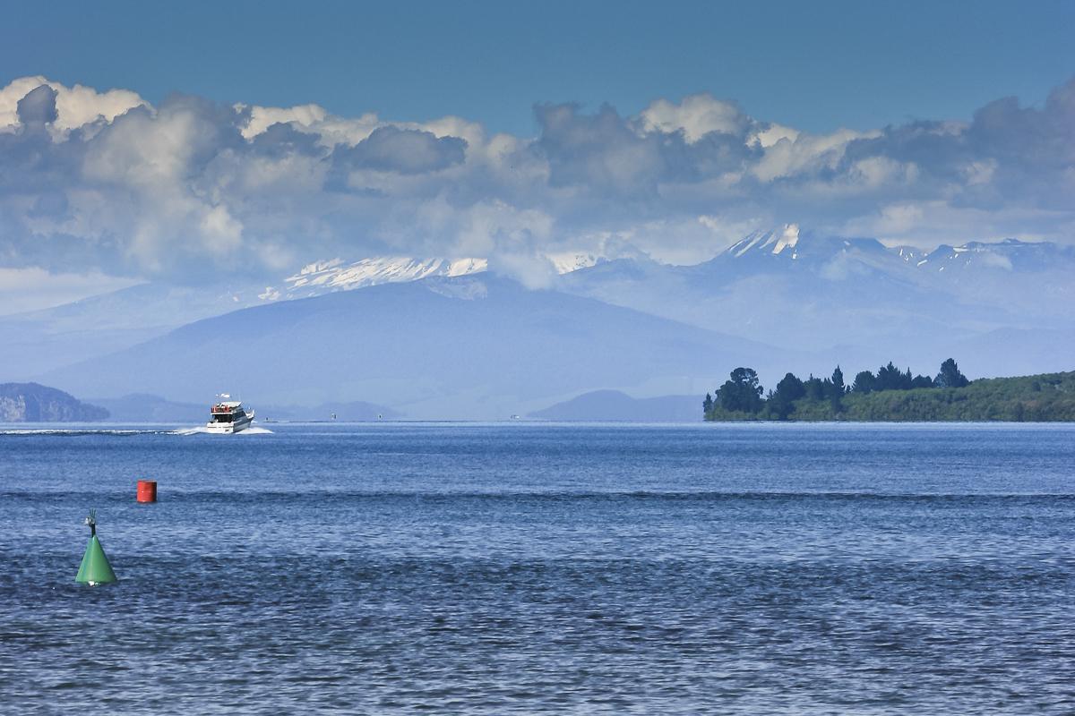 Lake Taupō, New Zealand, with Mount Ruapehu and the central plateau mountains beyond