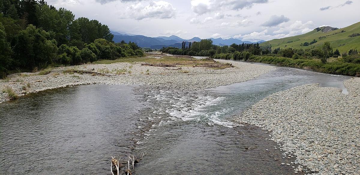 The braided gravel channels of the Motueka River at Tapawera, Tasman, New Zealand
