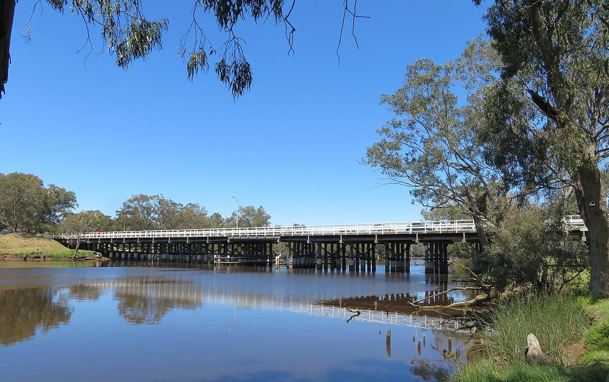 The Guildford Road Bridge over the upper Swan River at Guildford, Western Australia, seen from the riverbank